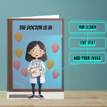 Carte Femme Doctor est dans Funny Doctor Board Anniversa<br><div class="desc">Cette drôle de carte d'anniversaire de médecin est spécifiquement pour le médecin / médecin ami ou membre de la famille dans votre vie. Le design est coloré et comporte une prise sur le mème "Doctor is In" avec une femme afro-américaine devant un tableau d'effacement sec. A l'intérieur nous avons écrit...</div>