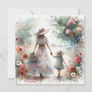 Carte Femme et enfant dans un jardin de fleurs pour la f