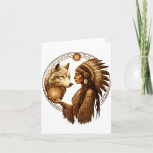 Carte Femme indienne amérindienne avec loup blanc Vinta