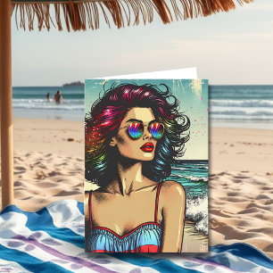 Carte Femme Magnifique sur la Plage Pop Art Anniversaire