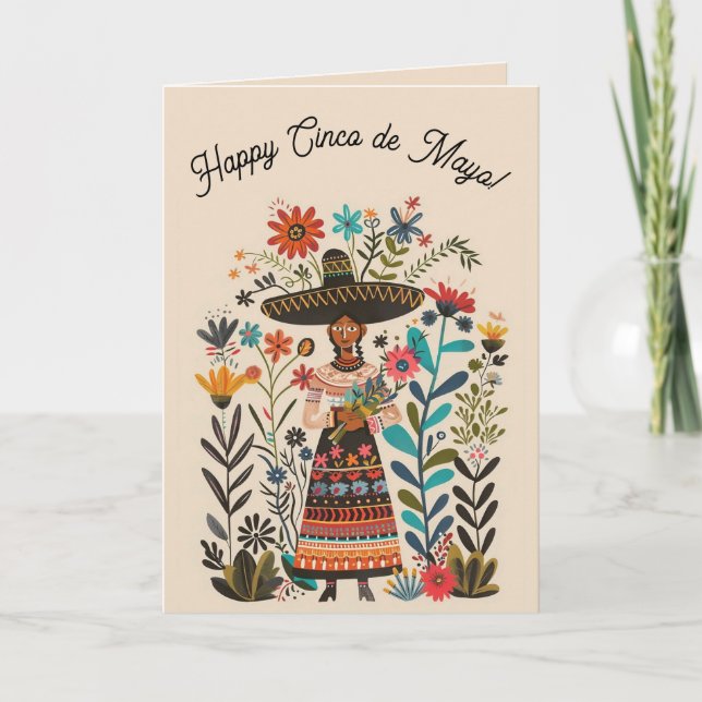 Carte Femme modifiable avec chapeau et fleurs Cinco de M (Devant)