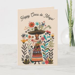 Carte Femme modifiable avec chapeau et fleurs Cinco de M