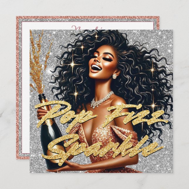 Carte Femme Noire Élégante Champagne Or Rose Nouvel An (Devant / Derrière)