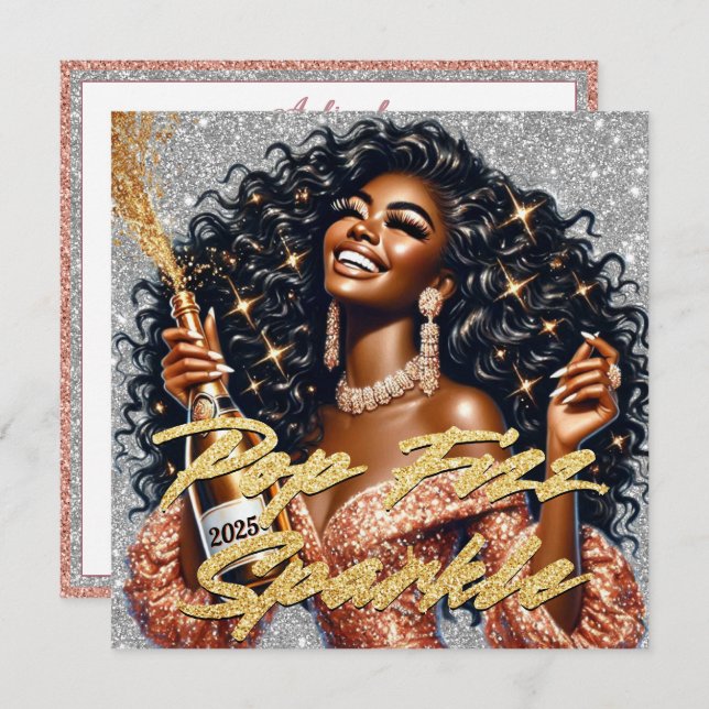 Carte Femme Noire Glamour Faisant Saute une Bouteille de (Devant / Derrière)