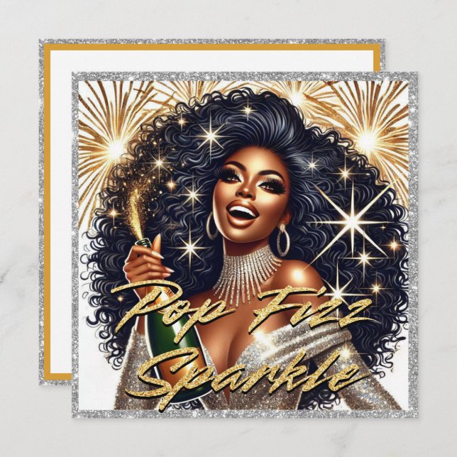 Carte Femme Noire Glamour Faisant Saute une Bouteille de (Devant / Derrière)