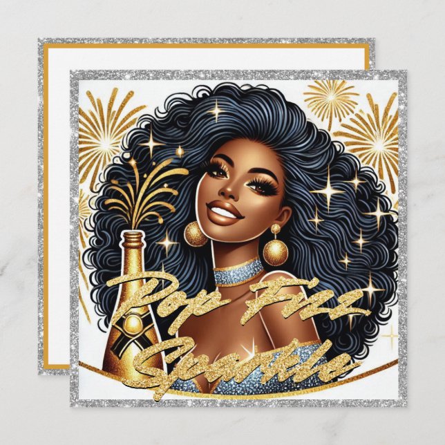 Carte Femme noire glamour Popping Champagne Nouvel An (Devant / Derrière)