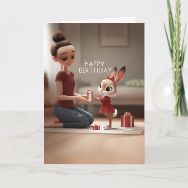 Carte Femme offrant un cadeau d'anniversaire à un lapin  (Devant)