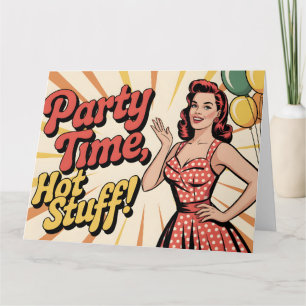 Carte Femme Pin-up avec une robe à pois rouge célébrant