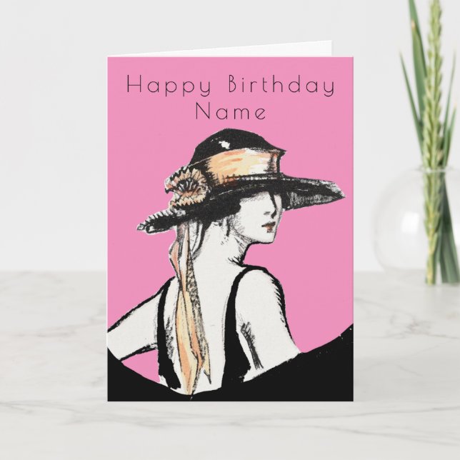 Carte Femme Rétro Chapeau Noir Art Déco Anniversaire Ros (Devant)