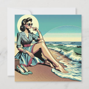Carte Femme rétro des années 1950 assise sur la plage
