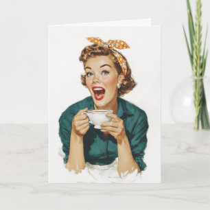 Carte Femme Rétro Joyeuse qui Apprécie son Café