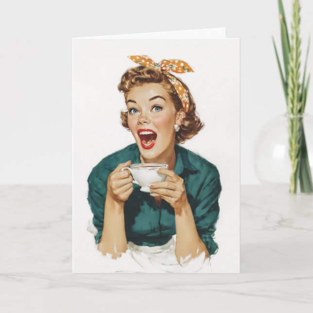 Carte Femme Rétro Joyeuse qui Apprécie son Café (Devant)