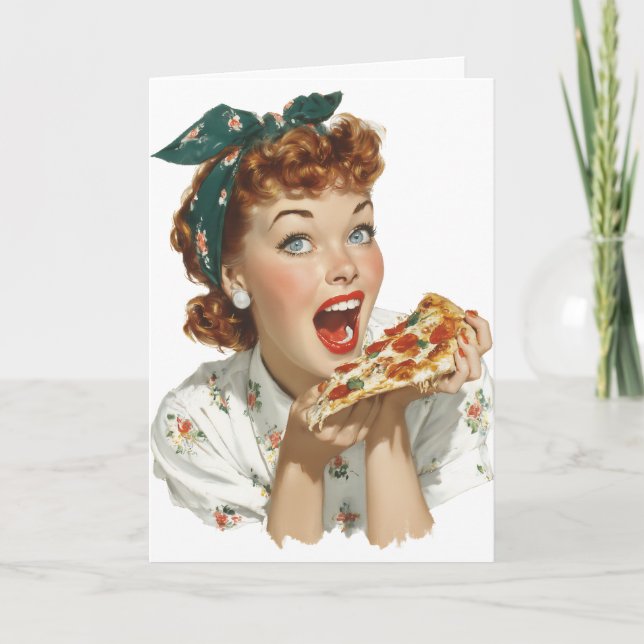 Carte Femme Rétro Savourant une Tranche de Pizza (Devant)