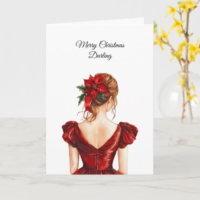 Carte Femme Robe Rouge Noël   (Fleur jaune)