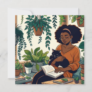 Carte Femme se détendre avec chat, un bon livre et Plant