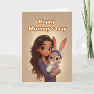 Carte Femme tenant un adorable bébé lapin pour la fête d