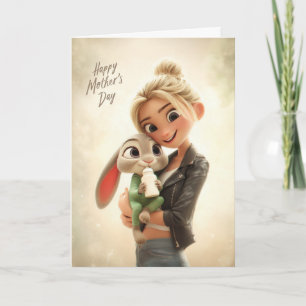 Carte Femme tenant un bébé lapin le jour de la fête des
