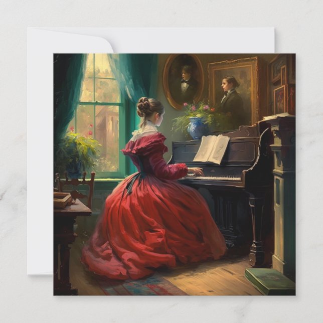 Carte Femme victorienne jouant du piano, peinture à l'hu (Devant)