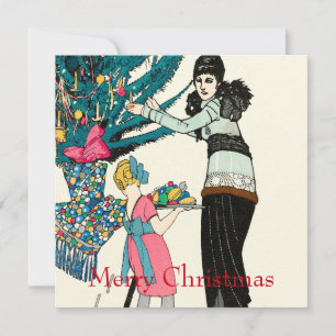 Carte Femme vintage 1930 décorant un arbre de Noël