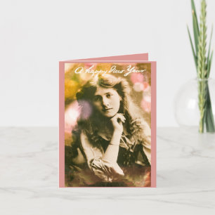 Carte Femme vintage du Nouvel An en rose