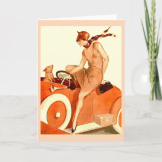 Carte Femme, voiture et chien des années 1920