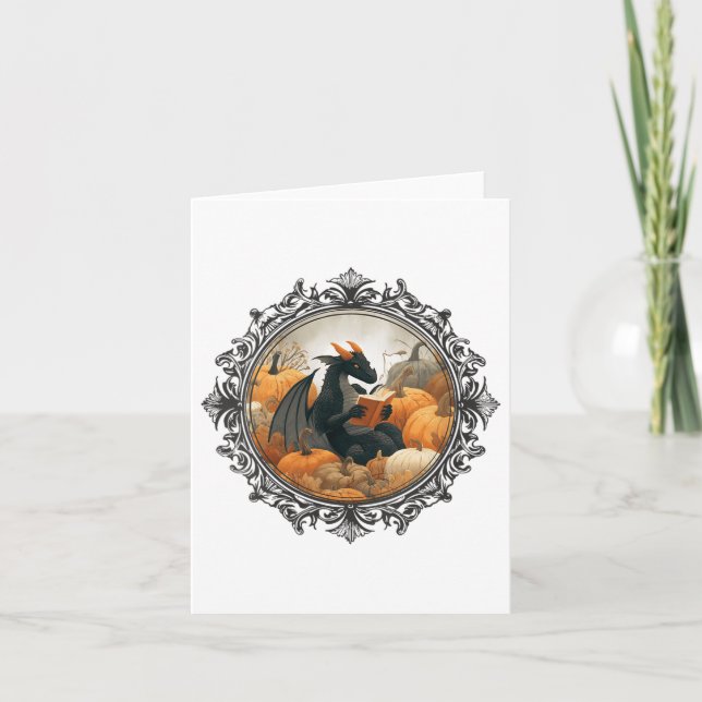 Carte Femmes Dragon Lecture Livres Avec Fall Citrouille  (Devant)