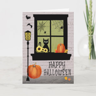 Carte Fenêtre d'Halloween avec chat noir et Citrouille