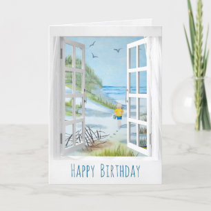 Carte fenêtre ouverte scène de bord de mer anniversaire