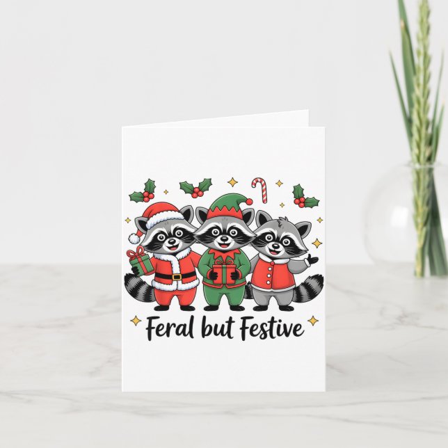 Carte Feral But Festive Funny Christmas Cute Raccoon Elf (Devant)