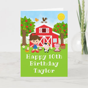 Carte Ferme Grange Rouge Cheveux Bruns Fille Joyeux Anni
