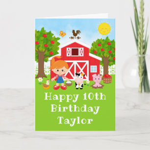 Carte Ferme Grange Rouge Fille aux Cheveux Rouges Joyeux