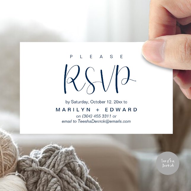 Carte fermée de rappel RSVP faire-part de mariage (Wedding invitation RSVP via Phone or email respond reminder Enclosure Card in aesthetic Navy Blue)