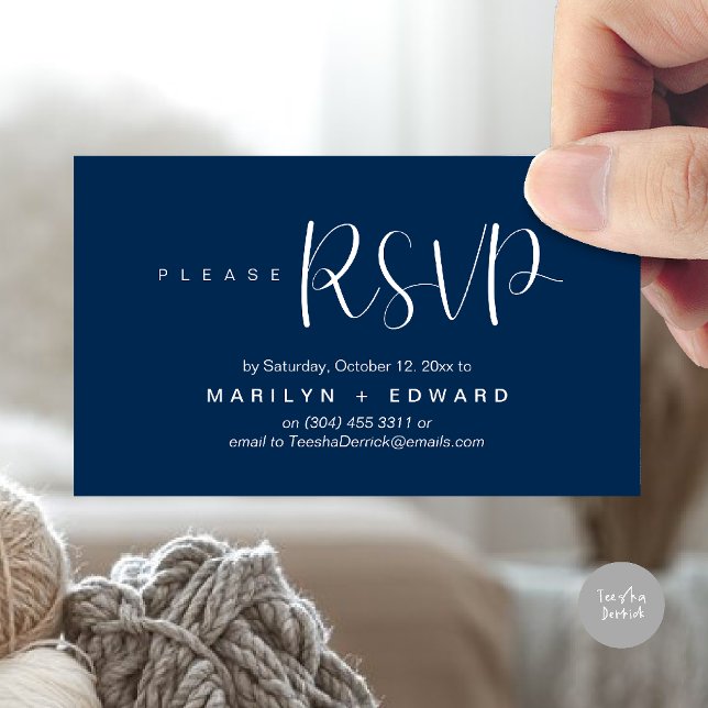 Carte fermée de rappel RSVP faire-part de mariage (Wedding invitation RSVP via Phone or email respond reminder Enclosure Card in aesthetic Navy Blue)