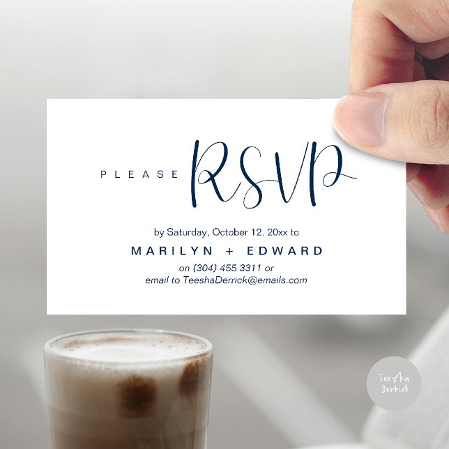 Carte fermée de rappel RSVP faire-part de mariage (Wedding invitation RSVP via Phone or email respond reminder Enclosure Card in aesthetic Navy Blue)