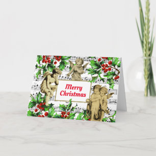 Carte Festif Vintage Ange Cherubs Holly Noël