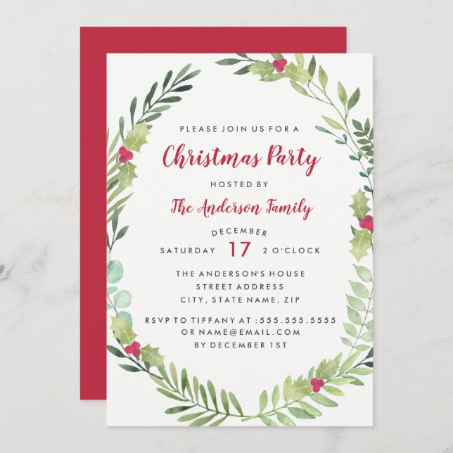 Carte Festin Watercolor Wreath Christmas Party (Devant / Derrière)