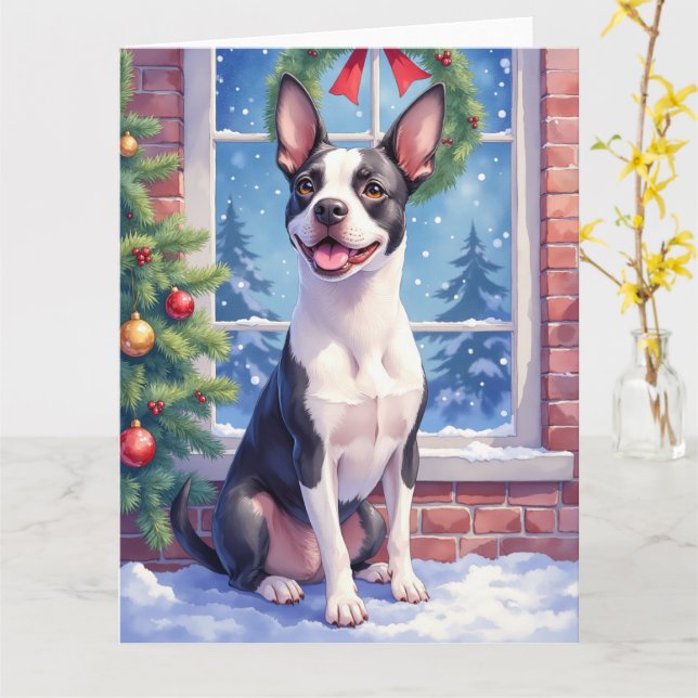 Carte Festive Boston Terrier Christmas Art (Fleur jaune)
