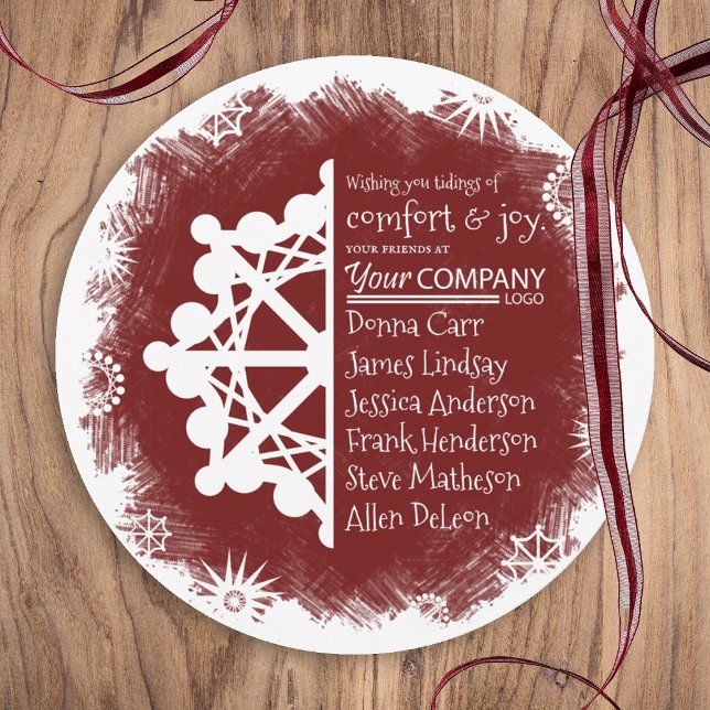Carte Festive Bourgogne Round Business Holiday Car (burgundy company holiday card, burgundy red business logo christmas card, white snowflake snow)
