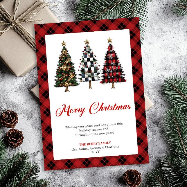 Carte festive de Noël à motif écossais buffle ludi (Playful Buffalo Plaid Christmas Tree Festive Card)