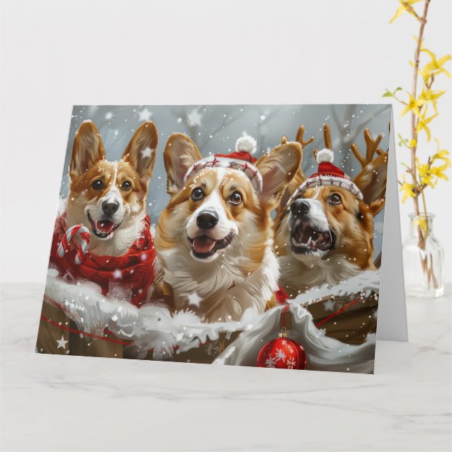 Carte Festive de Noël de Chien de Corgi (Fleur jaune)