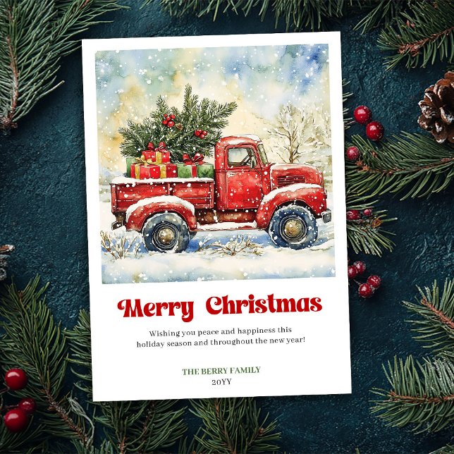 Carte festive de Noël scène rustique rouge camion (Warm Rustic Red Truck Christmas Scene Festive Card)