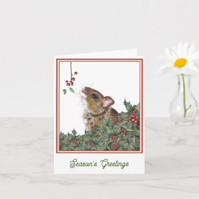 Carte festive de saison de Noël avec souris, houx  (Petite plante)