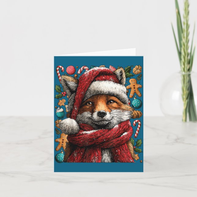 Carte Festive Fox With Snow Santa Hat Winter Christmas A (Devant)