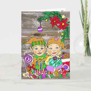 Carte Festive Joyeux Noël fille et petit elfes