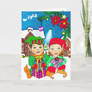 Carte Festive Joyeux Noël fille et petit elfes