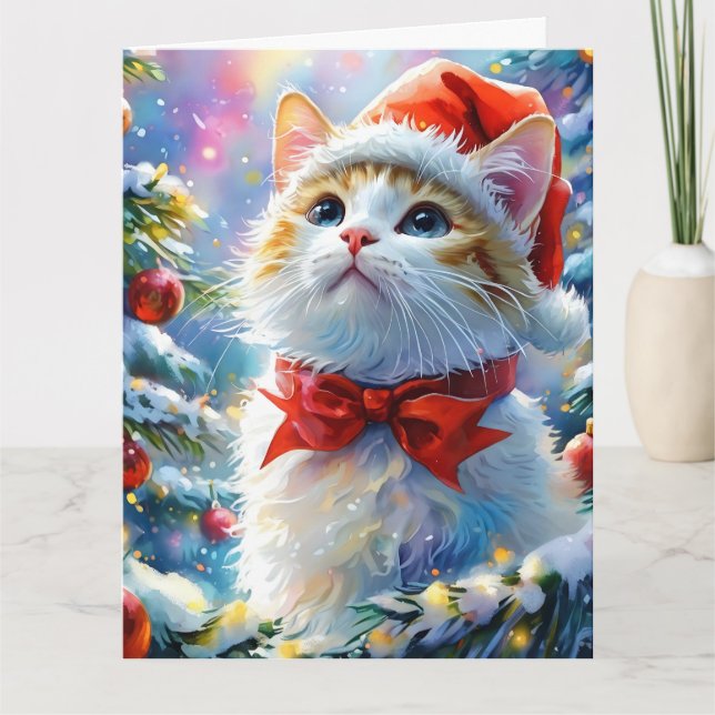 Carte Festive Kitten blanc dans un chapeau de Santa (Devant)