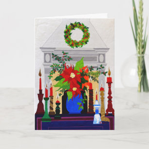 Carte Festive Poinsettia cheminée