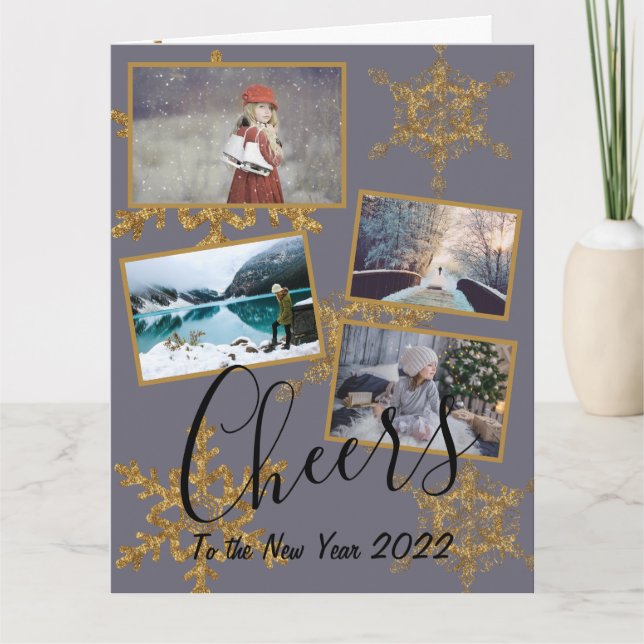 Carte Festive Purple Cheers Golden Snowflake 4 Photos (Devant)