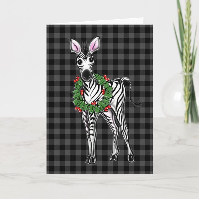 Carte Festive vacances Zebra Holly couronne, buffle gris (Devant)