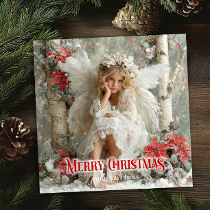 Carte festive vintage ange rouge blanc or unique